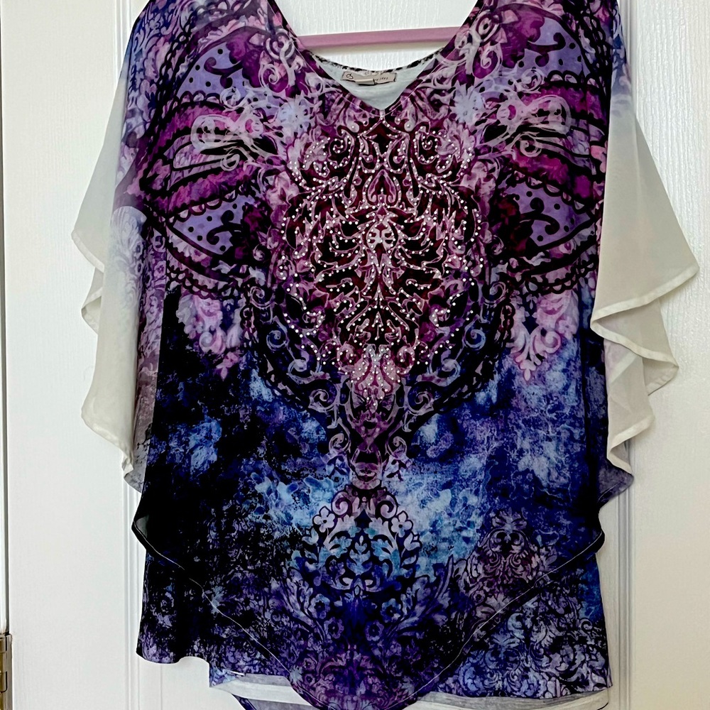 Dress Barn Purple and Cream V-Neck Floral-Paisley Tunic with Rhinestones